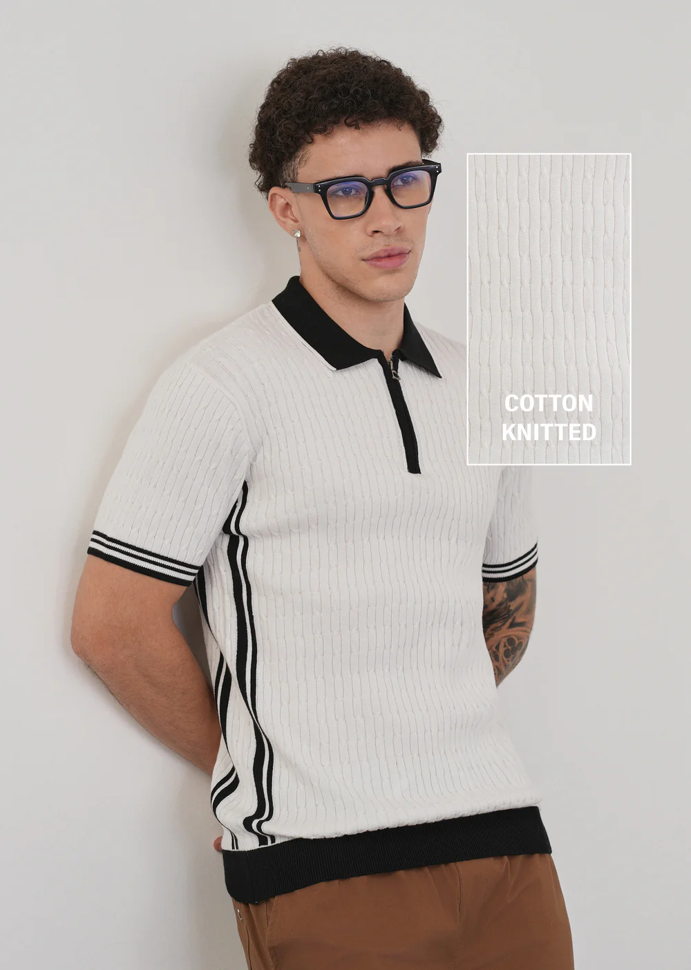 Cotton Quarter Zipper Cable Knitted Polo